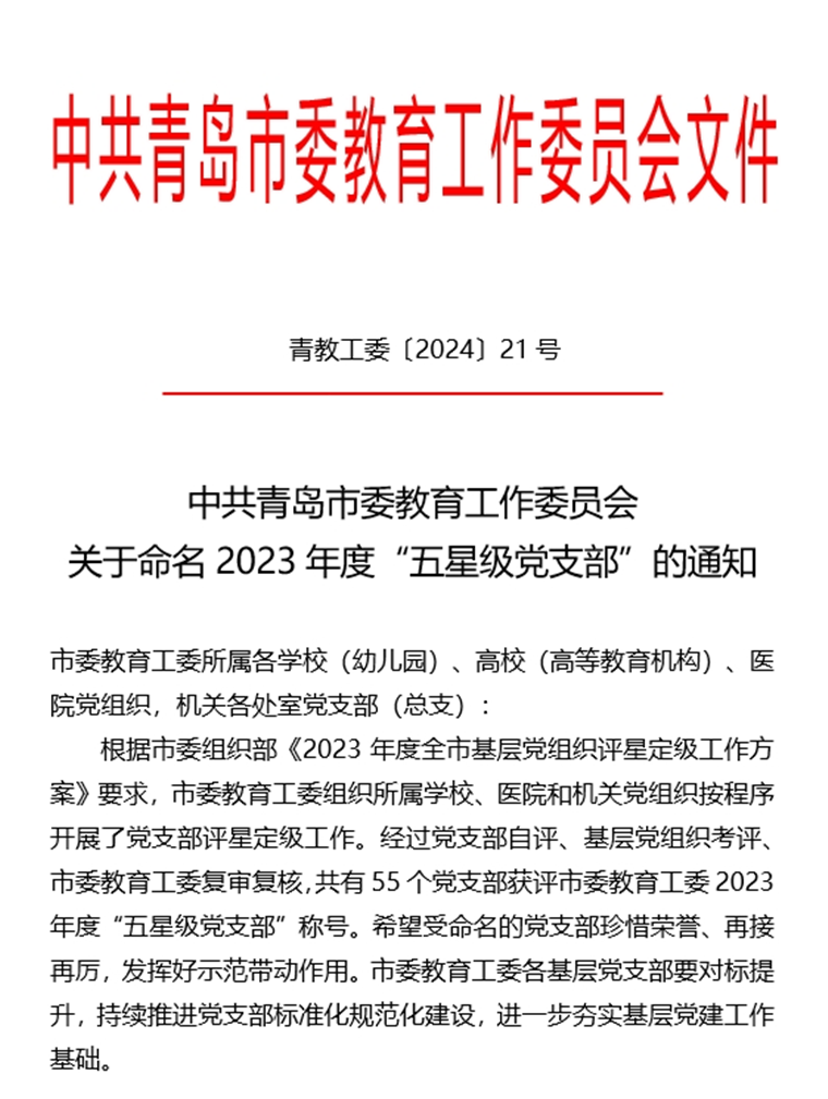 永利官网四个党支部荣获青岛市委教育工委2023年度“五星级党支部”称号